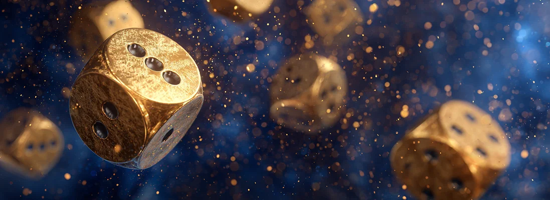 Sfondo blu con dadi dorati e scintille